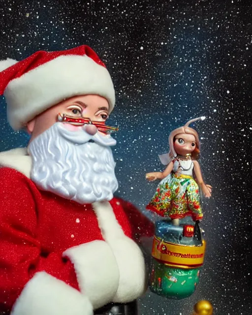 Image similar to highly detailed closeup, portrait of a tin toy santa greta thunberg wearing a bikini, depth of field, fashion photoshoot by nicoletta ceccoli, mark ryden, lostfish, dan decarlo, bob clampett, max fleischer, breathtaking, detailed and intricate snowenvironment, 8 k resolution, hyperrealistic, octane render