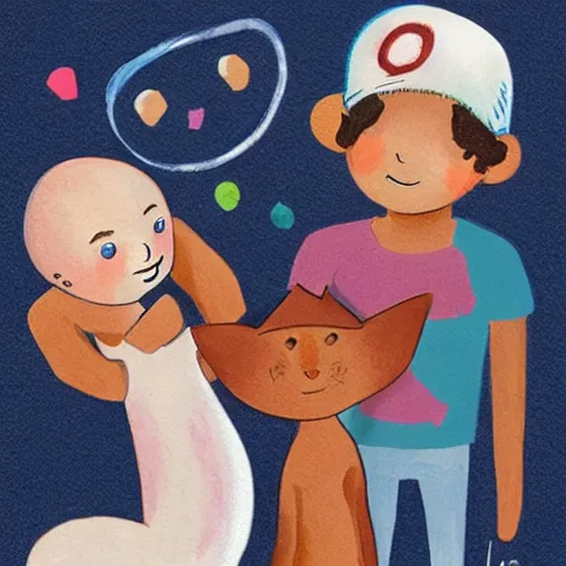 Image similar to a boy and a girl, the boy is bald with a brown baseball hat, the girl has short curly black hair, there is also a white cat, art by Carles Dalmau