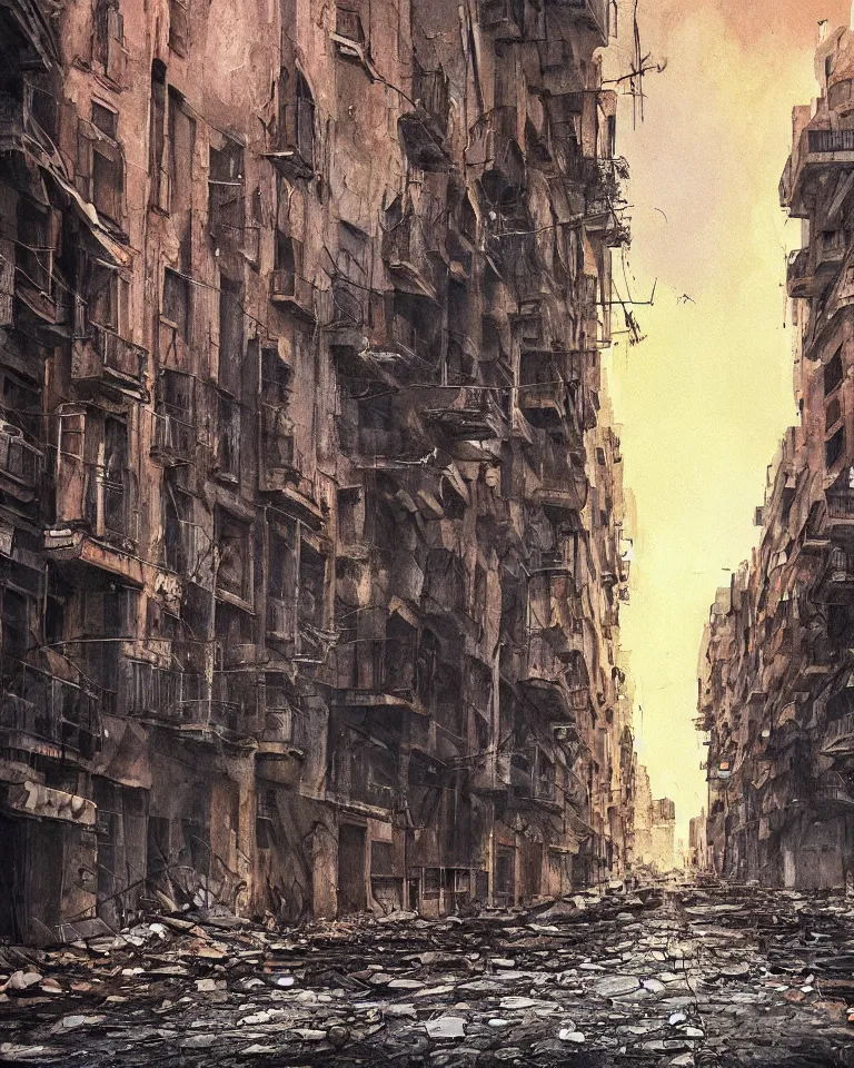 Image similar to abandoned streets of Barcelona, post-apocalyptic painting, cosmic horror