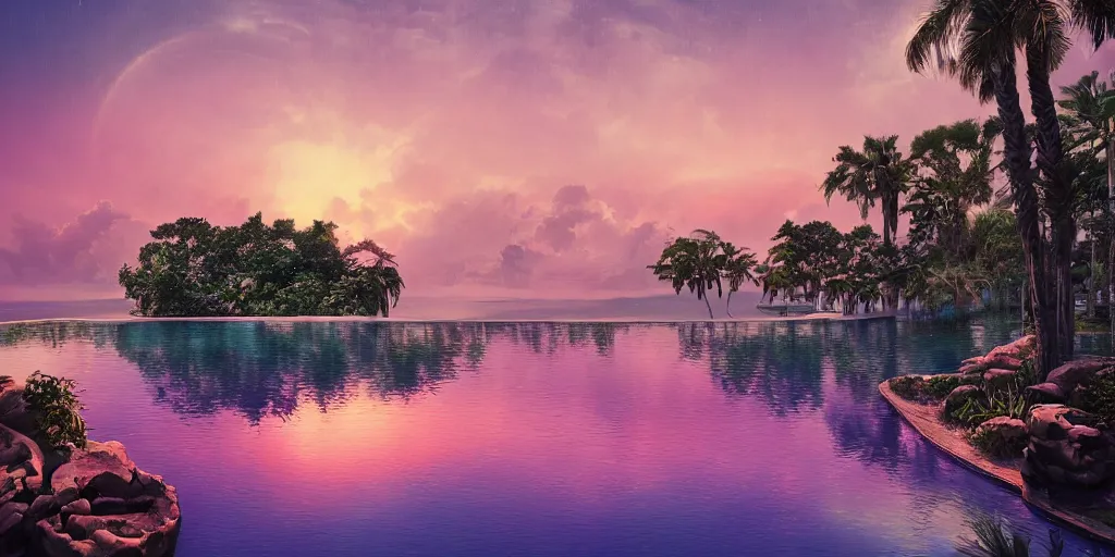 Image similar to artgem and Beeple masterpiece, hyperrealistic surrealism, sunset, award winning masterpiece with incredible details, epic stunning, infinity pool, a surreal liminal space, highly detailed, trending on ArtStation, calming, meditative, pink arches, palm trees, surreal, sharp details, dreamscape, giant gold head statue ruins, crystal clear water