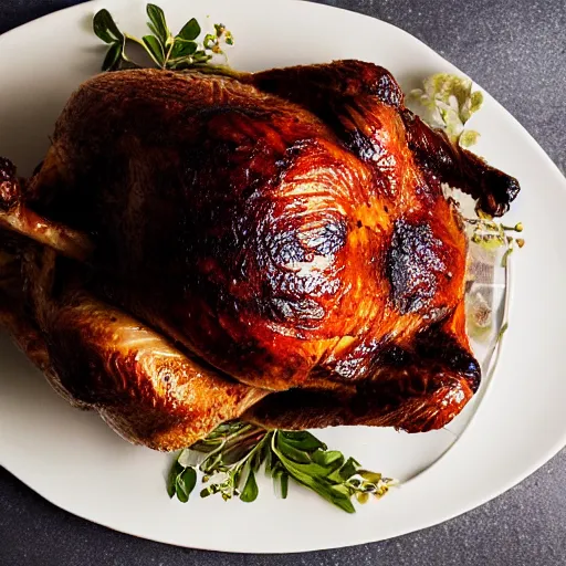 Prompt: a roast turkey, served on platter, cookbook photo