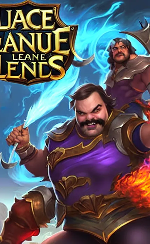 Image similar to Jack Black as a character in the game League of Legends, with a background based on the game League of Legends, detailed face, old 3d graphics