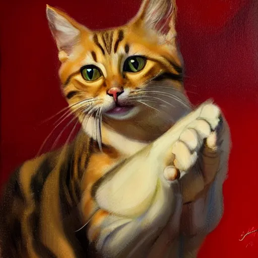 Image similar to playful cat, plain background, ( in the style of jc leyendecker ), phil hale, angular, brush strokes, painterly, crisp, portrait of a cat, cat portrait painting