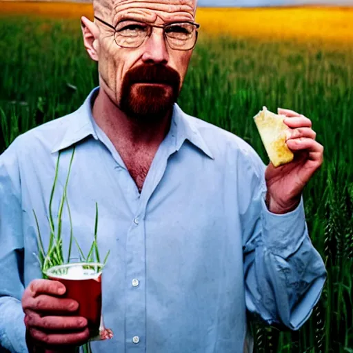 Image similar to walter white eating barley, photography,