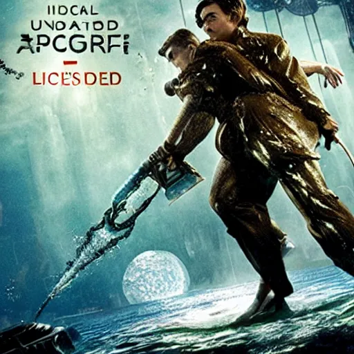 Image similar to movie poster depicting andrew ryan, portrayed by leonardo dicaprio, in a new live - action bioshock movie, the underwater city of rapture is also present