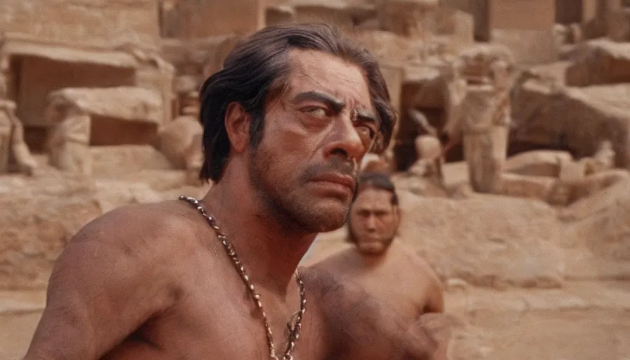 Prompt: dramatic movie stills by pasolini of javier bardem as gilgamesh sumerian king at a ziggurat, sumerian epic movie with sumerian monsters, fights, cinestill 8 0 0 t eastmancolor technicolor, high quality, very detailed, heavy grain, fine facial features, 8 k, octane render