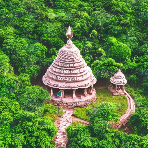 Prompt: aerial realistic film photograph of india tribe in jungle with strange temple