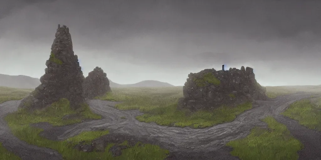 Prompt: A digital painting by Simon Stålenhag of Iceland´s gravel road ,monumental old ruins tower, forest,overcast, of a road in Iceland landscape.