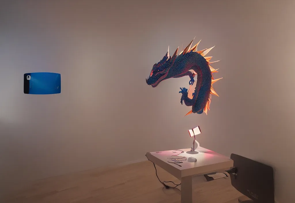 Prompt: 3 d dragon popping out of curved projection wall, volumetric lighting, bedroom, visor, users, pair of keycards on table, bokeh, creterion collection, shot on 7 0 mm, instax