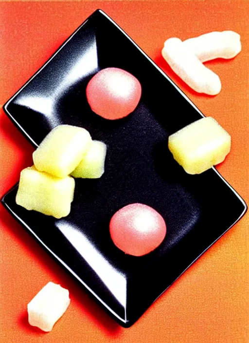 Prompt: realistic photo of japanese mochi candies sweets, black and white, on a square wooden plate 1 9 9 0, life magazine photo
