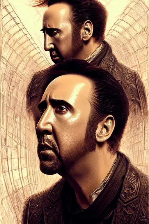 Image similar to nicolas cage mechanical android!, half portrait, intricate detailed environment, photorealistic!, intricate, elegant, highly detailed, digital painting, artstation, concept art, smooth, sharp focus, illustration, art by artgerm and greg rutkowski and alphonse mucha