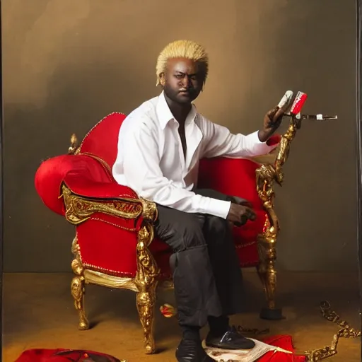 Image similar to african geert wilders wearing a silk shirt and many gold rings and necklaces, sitting in a red plush throne and smoking a cigar, 8 k, hdr, great light, gustave courbet, annie leibowitz