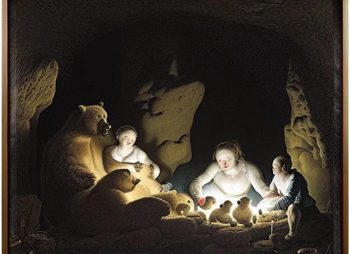 Image similar to Pieter Claesz's 'bear and her cubs sleeping in a dark cave lit by campfire', night time, cross hatching, framed