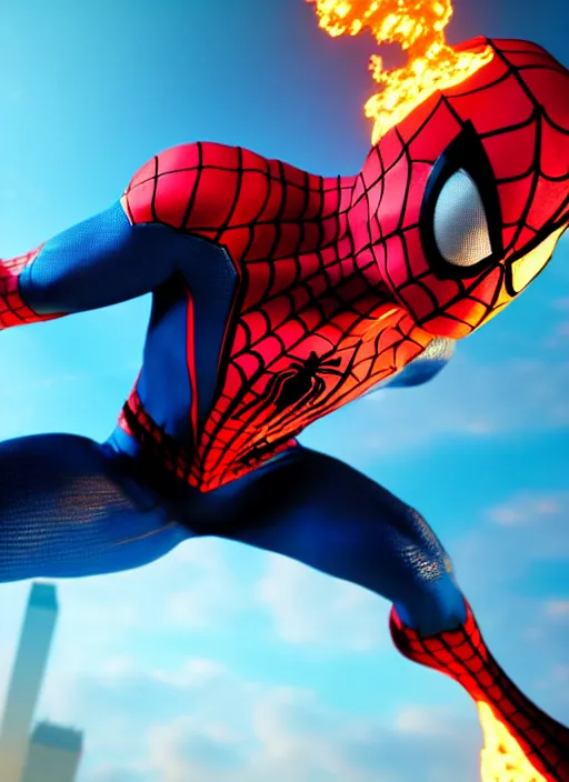 Image similar to futuristic spiderman wearing fire costume ,highly detailed, 4k, HDR, award-winning, artstation, octane render