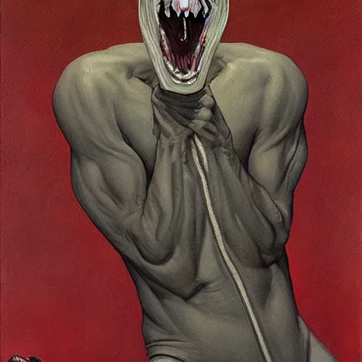 Prompt: man with a zipper as a mouth by gerald brom