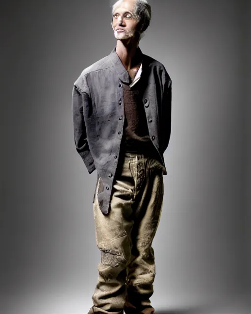 Prompt: an award - winning photo of an ancient male model wearing a plain boot cut flared distressed medieval designer menswear trousers designed by comme des garcons, 4 k, studio lighting, wide angle lens, 2 0 0 4