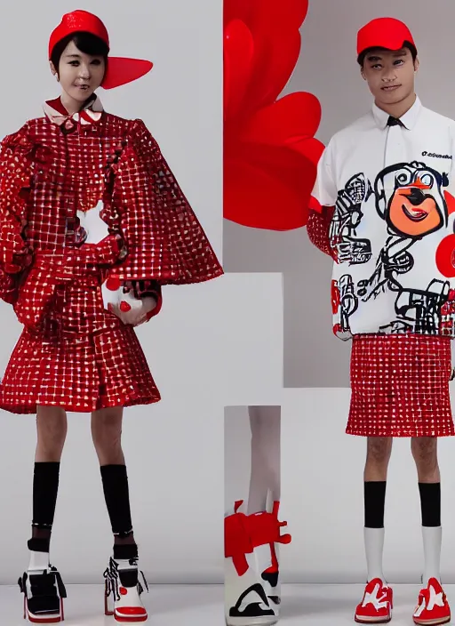 Prompt: Jollibee outfit designed by Rei Kawakubo