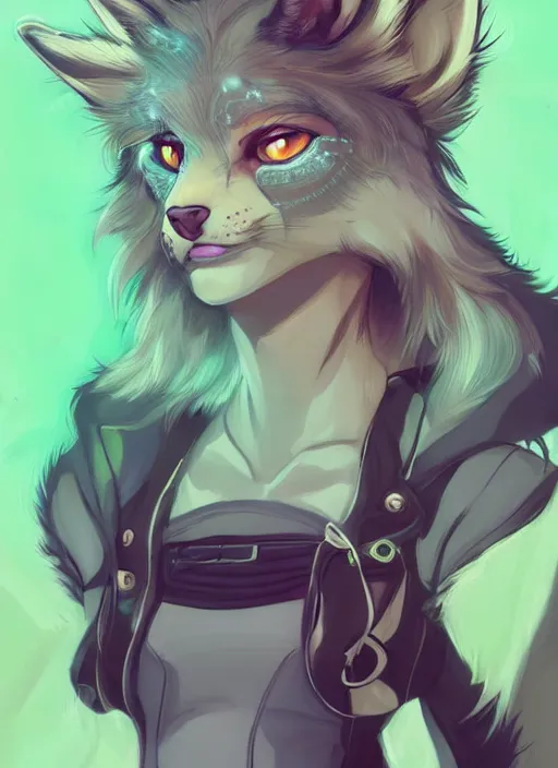 Image similar to beautiful portrait commission of a cute female furry anthro Canadian Lynx fursona casual clothes in a futuristic mechanical laboratory. blonde hair. Green Eyes. character design by charlie bowater, ross tran, artgerm, and makoto shinkai, detailed, inked, western comic book art