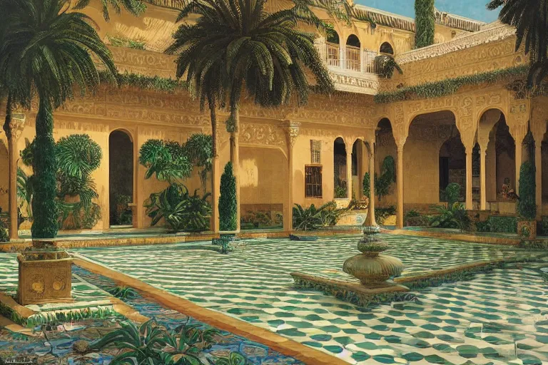 Image similar to painting of a beautiful moorish palace courtyard garden, by ludwig deutsch and maxfield parrish, patterned tilework, palm trees, tiled fountains, extremely detailed, cinematic lighting, smooth sharp focus