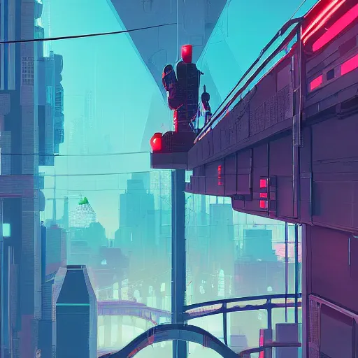 Prompt: a man standing on top of a bridge over a city, cyberpunk art by James Gilleard, cgsociety, retrofuturism, synthwave, cityscape, 2d game art