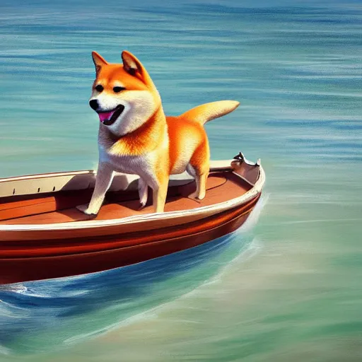 Image similar to a cute shiba inu steering a boat, endless sea, digital painting, 4 k, realistic