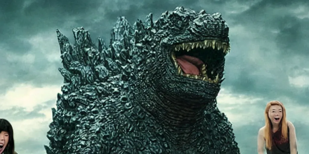 Image similar to movie still from godzilla derp, stupid godzilla, goofy and weird, uncomfortable, idiot godzilla