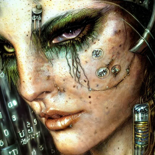 Prompt: an award finning closeup facial portrait by luis royo and john howe of a very beautiful and attractive female bohemian cyberpunk traveller aged 6 0 0 years old with green eyes and freckles in clothed in excessively fashionable cyberpunk gear and wearing ornate warpaint