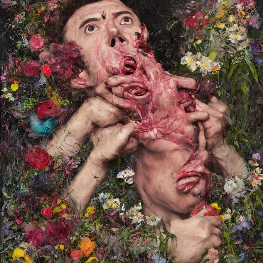 Prompt: male portrait of todd solondz eating rotten flesh and puking blood wearing a thong, surrounded by flowers by francis bacon, karol bak, james jean, tom bagshaw, rococo, trending on artstation, cinematic lighting, hyper realism, dramatic, emotional, octane render, 8 k, hyper detailed.