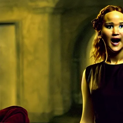 Prompt: cinematic jennifer lawrence as frankensteins monster, color photography, sharp detail, she is amused, still from the movie mary shelly's frankestein