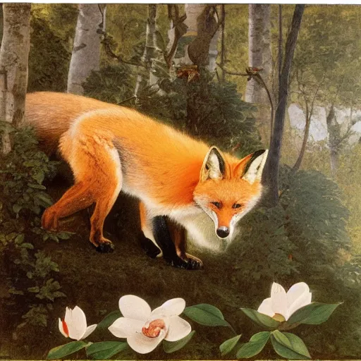 Prompt: a portrait of a Red Fox in a white magnolia forest in the style Alexandre Cabanel