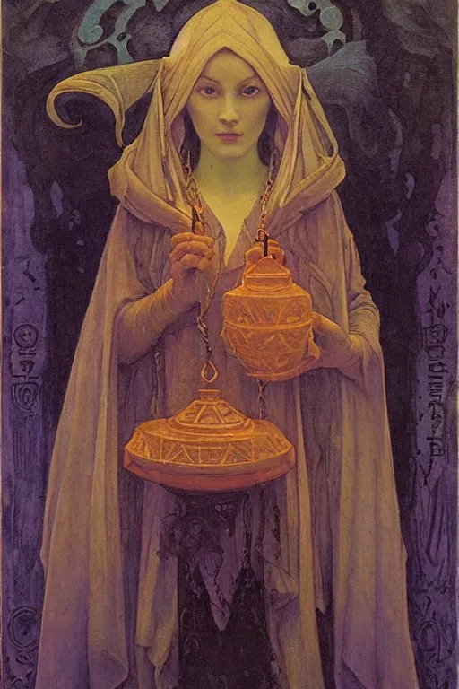 Image similar to queen of the fog with her lantern by Annie Swynnerton and Nicholas Roerich and jean delville, strong dramatic cinematic lighting , ornate headdress , flowing robes, lost civilizations, smooth, sharp focus, extremely detailed