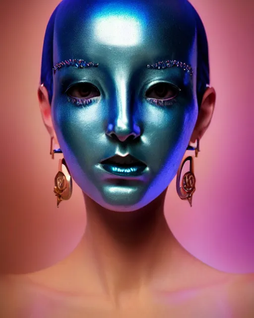 Image similar to natural light, soft focus portrait of an android with soft synthetic pink skin, blue bioluminescent plastics, smooth shiny metal, elaborate ornate head piece, piercings, venetian mask, skin textures, by annie liebovotz,