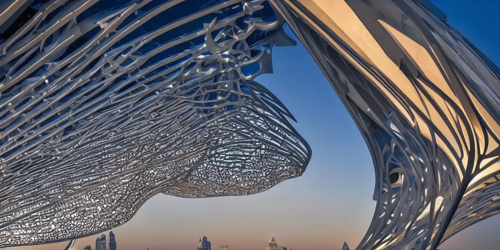 Image similar to extremely detailed ornate stunning sophisticated beautiful elegant futuristic museum exterior by Zaha Hadid, stunning volumetric light, sunset, 8k dragonfly structural pattern