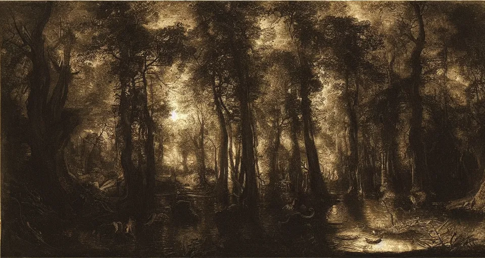 Prompt: A dense and dark enchanted forest with a swamp, by Rembrandt