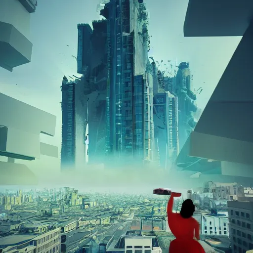 Image similar to a giant woman destroying a city, in the style of Beeple, 4k,