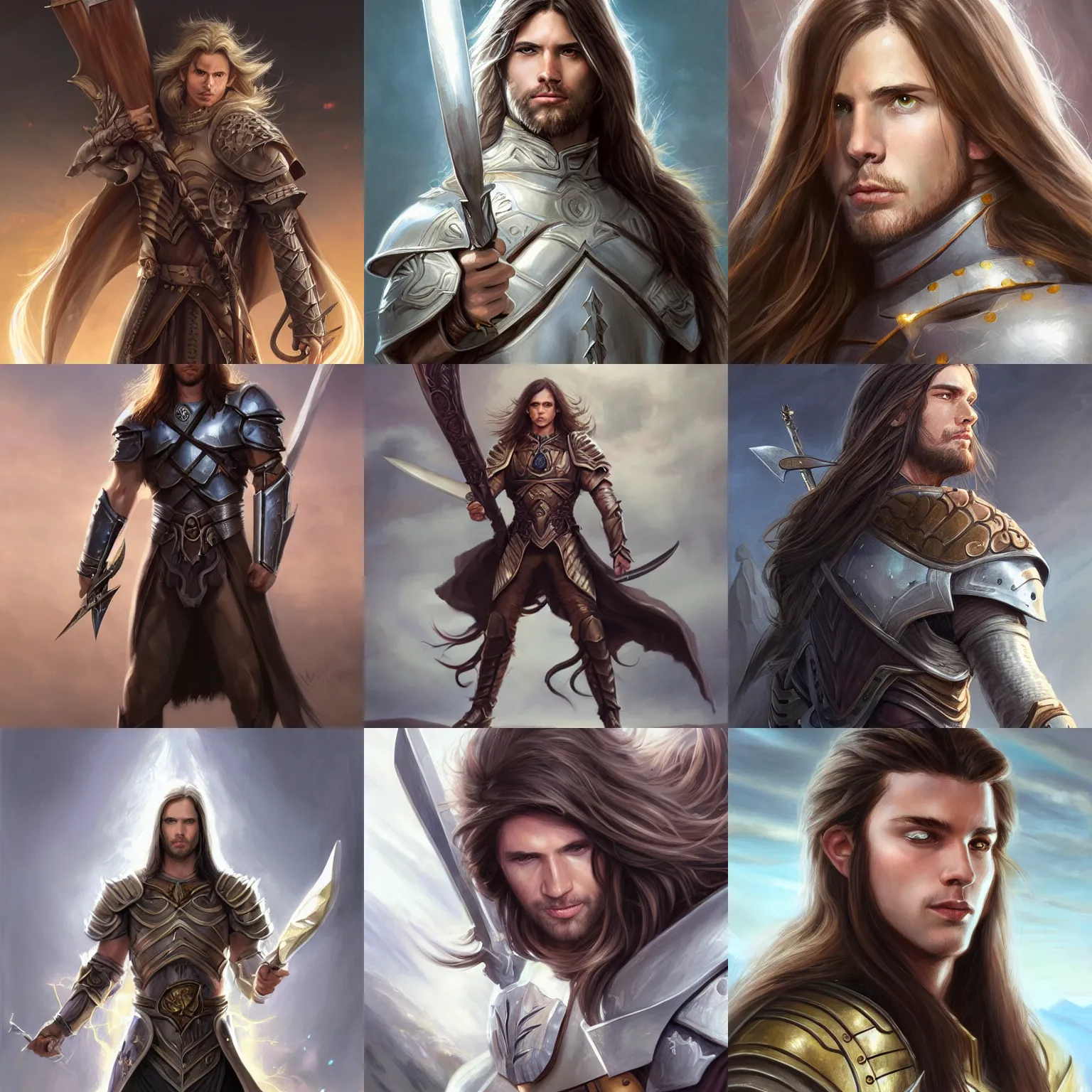 Prompt: long brown hair, male, white armor, lightning, D&D, fantasy, portrait, holding a glaive, highly detailed, digital painting, trending on artstation, concept art, sharp focus, illustration, art by artgerm and greg rutkowski and magali villeneuve