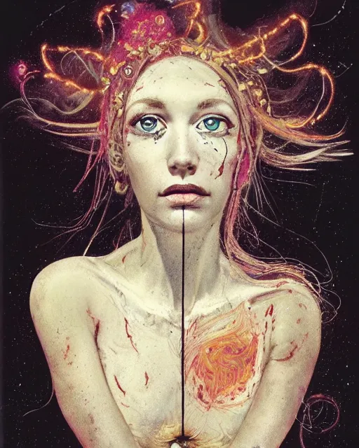 Prompt: a beautiful and eerie baroque painting of a gorgeous woman in dead space, with wild blonde hair and haunted eyes and freckles, 1 9 7 0 s, seventies, space station, neon light showing injuries, delicate ex embellishments, painterly, offset printing technique, inspired by hans bellmer