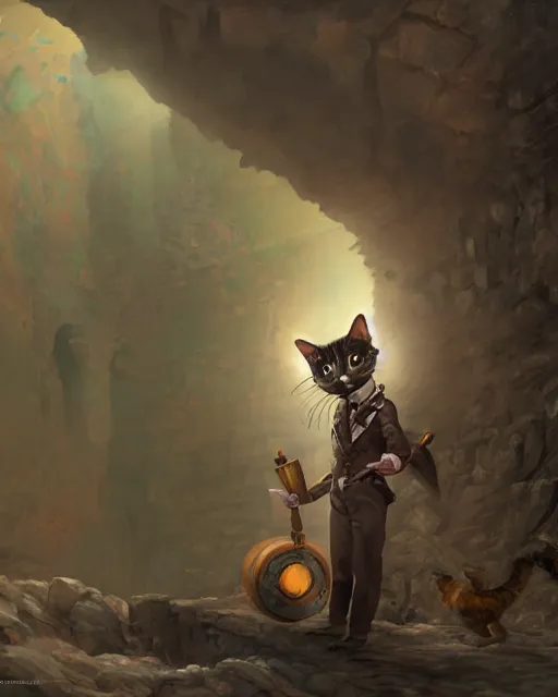 Image similar to oil painting of anthropomorphized tricolor cat, detective clothes, close shot, full body, dark steampunk mine shaft background, sharp focus, fantasy style, octane render, volumetric lighting, 8k high definition, by greg rutkowski, highly detailed, trending on art Station, dungeons and dragons artwork, centered