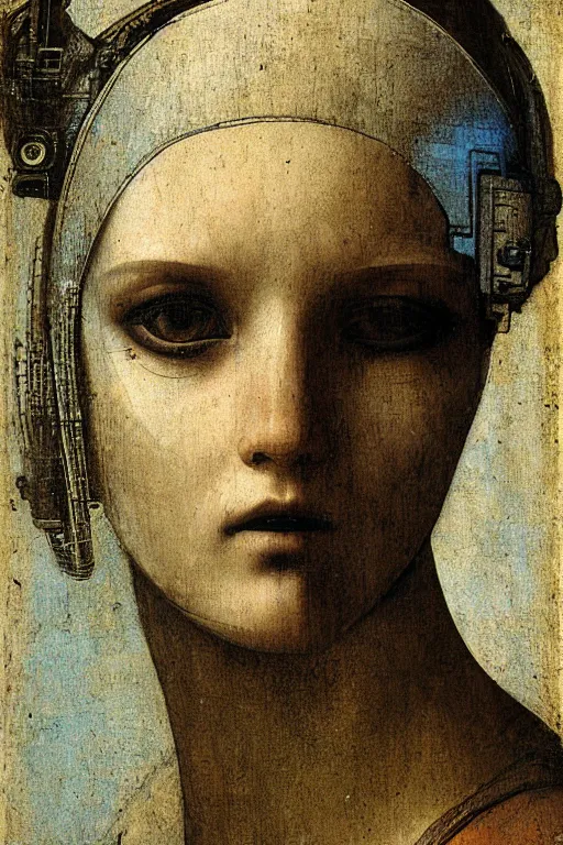 Image similar to a close - up portrait of a cyberpunk cyborg girl, by leonardo davinci, rule of thirds