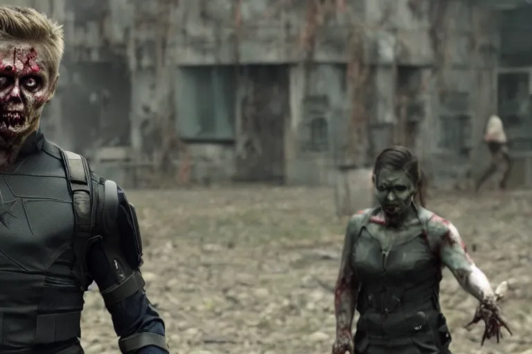 Image similar to film still of zombie zombie Hawkeye as a zombie in new avengers movie, 4k