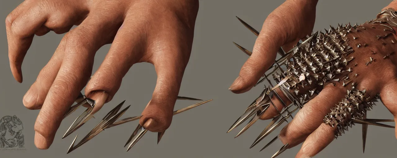 Image similar to wooden ring with spikes, ring, wood, steel, sword, smooth shank, engravings, product design, jewelry, art by gerald brom, greg rutkowski and artgerm and james jean and zdzisław beksinski, 8 k, unreal engine, c 4 d