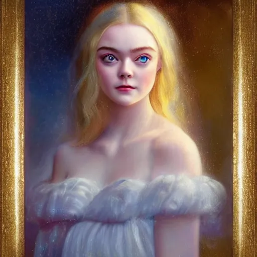 Image similar to professional painting of Elle Fanning in Santorini in the style of Delphin Enjolras, head and shoulders portrait, symmetrical facial features, smooth, sharp focus, illustration, intricate, stormy weather, extremely detailed masterpiece,