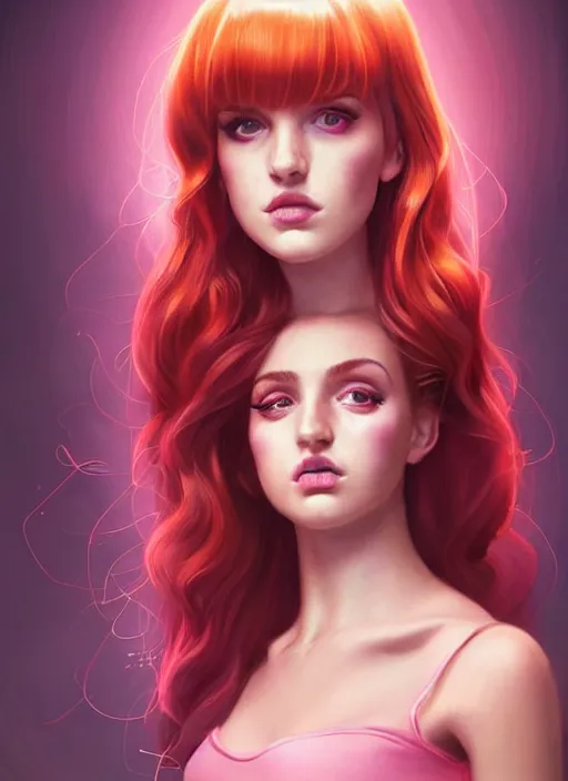 Image similar to full body portrait of teenage cheryl blossom, bangs, green eyes, sultry expression, red hair, sultry smirk, bangs and wavy hair, pink skirt, bangs, intricate, elegant, glowing lights, highly detailed, digital painting, artstation, concept art, smooth, sharp focus, illustration, art by wlop, mars ravelo and greg rutkowski