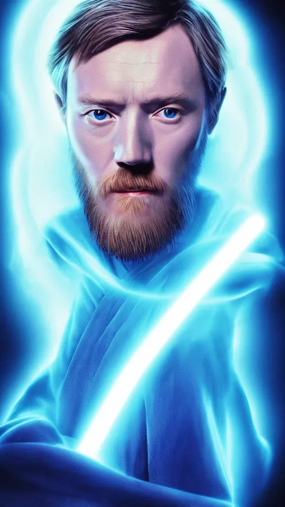 Image similar to a portrait of the ghost of obi - wan, as a digital photograph. blue transucent colors. glowing ghost. transparent portrait. color harmony, 8 k detail, gallery quality, hd wallpaper, premium prints available, hyper - detailed, intricate design.