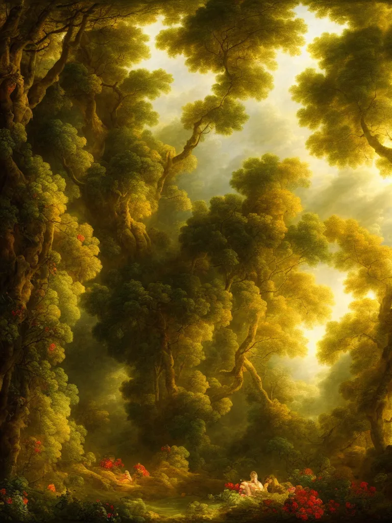 Prompt: painting backdrop of a lush forest, volumetric light, afternoon, light wind, wild flowers, chiaroscuro, john longstaff, jean - honore fragonard, francois boucher, anna dittmann, 4 k, 4 k