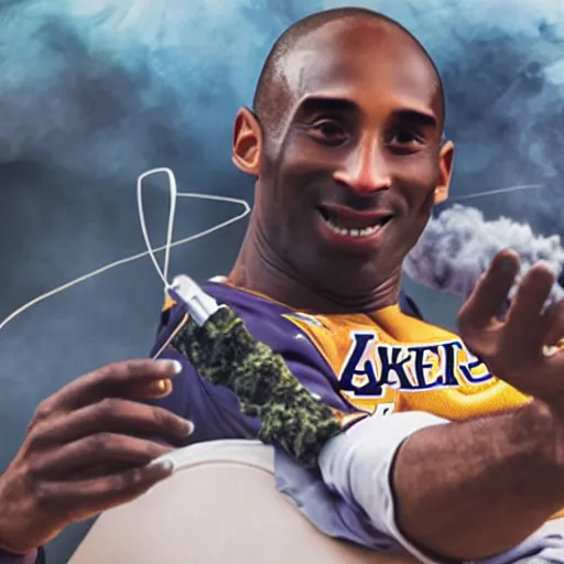 Image similar to selfie of kobe bryant holding a giant rolled marijuana cigarette in a helicopter full of smoke, 8k resolution, hyper detailed, shot in the air