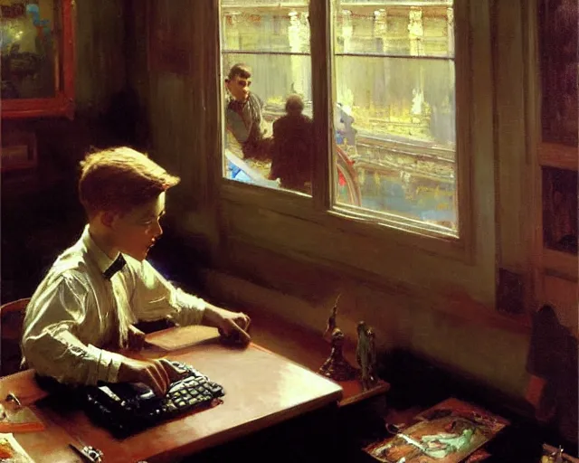 Prompt: boy playing computer games, painting by gaston bussiere, craig mullins, j. c. leyendecker