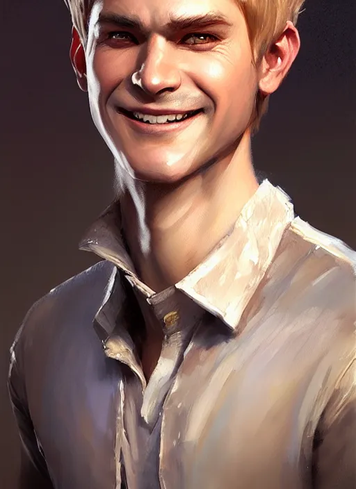 Image similar to a _ fantasy _ style _ portrait _ painting _ of white male short fringe light brown hair short face grinning, rpg dnd oil _ painting _ unreal _ 5 _ daz. _ rpg _ portrait _ extremely _ detailed _ artgerm _ greg _ rutkowski _ greg