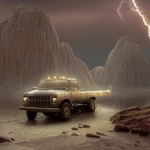 Prompt: a beautiful detailed realistic matte painting of a pick - up truck in a serene landscape with an eerie dark magic lightning portal to another dimension, by john howe and alexander skold and andreas rocha. vray, raytracing, detailed lighting, volumetric lighting, cinematic lighting, very wide shot, f 8