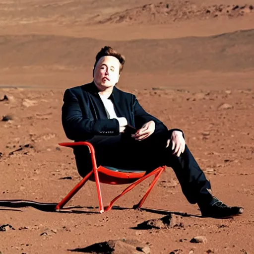 Image similar to Elon musk sitting in a lawn chair on the surface of mars